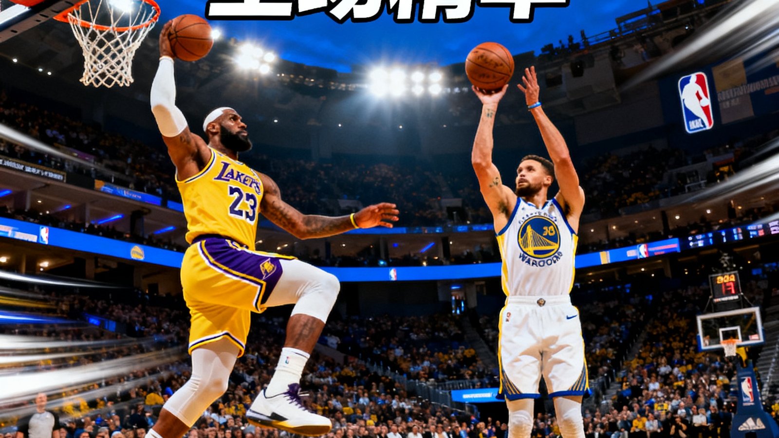 NBA全场集锦：湖人vs勇士5分钟精华，包括詹姆斯战斧扣篮和库里超远三分